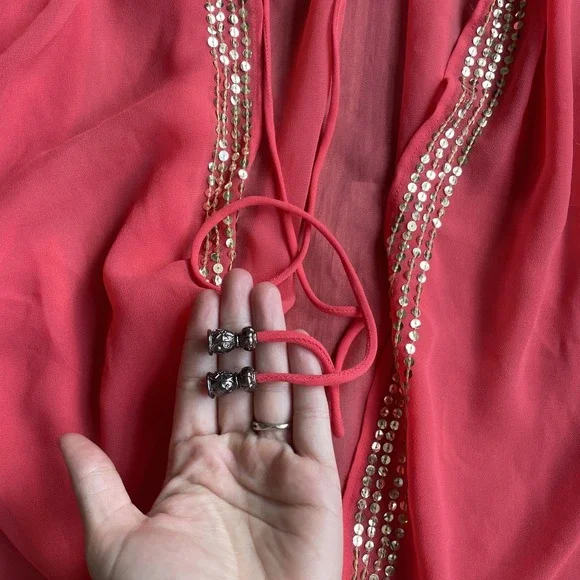 2000's Y2K Coral Pink Sequined Cover Up Shrug Kimono Sheer One Size Adjustable - Picture 3 of 6